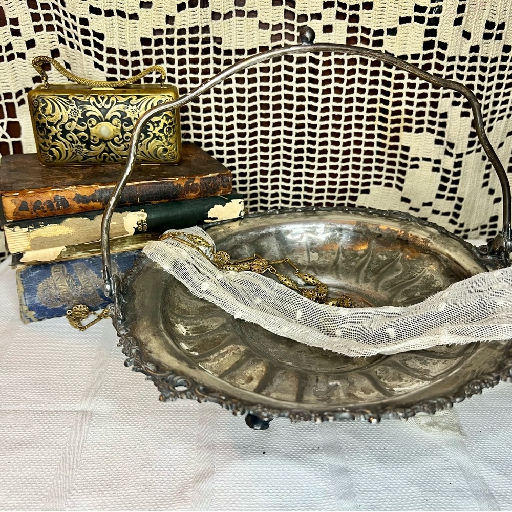 Shabby Chic Distressed Antique Victorian Silver Metal Bridal Basket with Handle